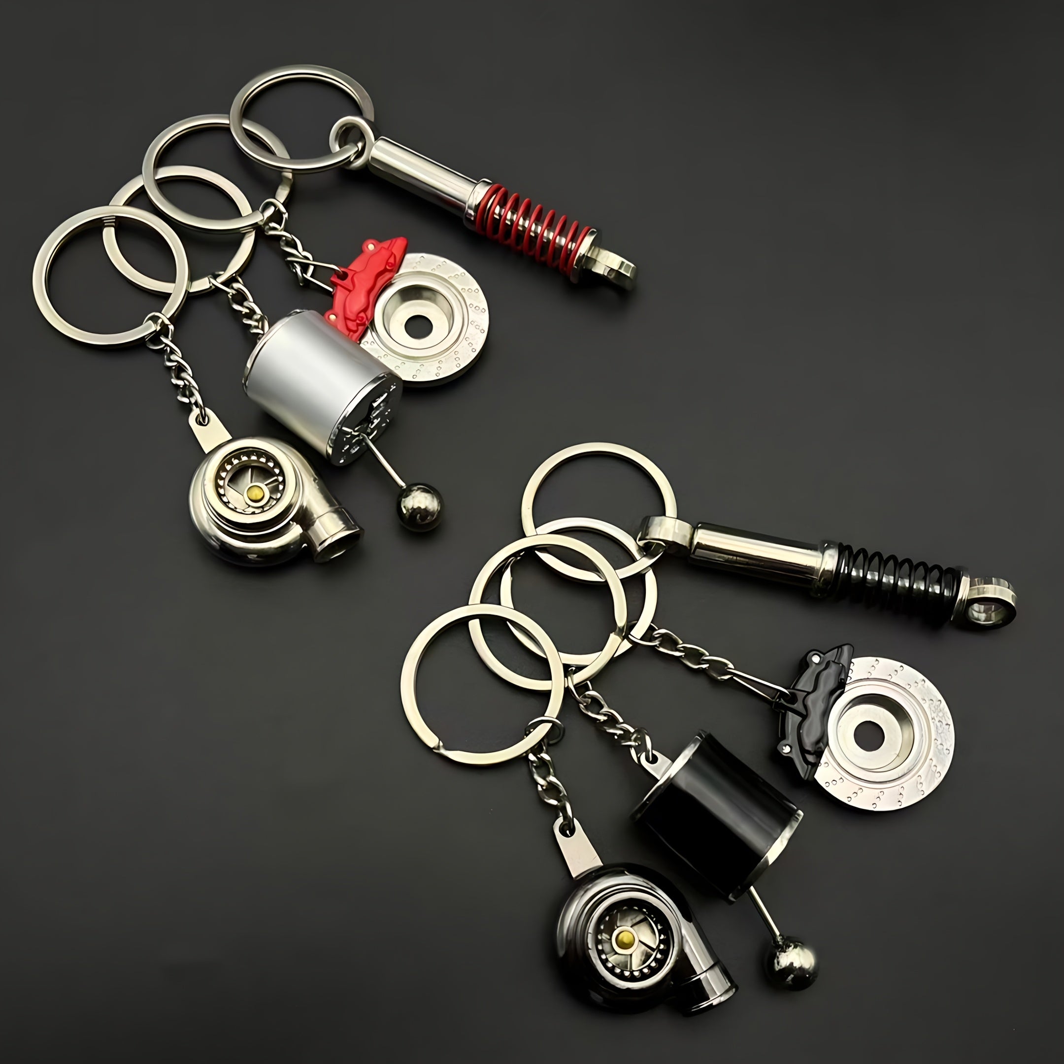 4-Piece Car Lover Keychain Set 🚗🗝️ – Zinc Alloy with Turbo, Gear, and Shock Absorber Designs