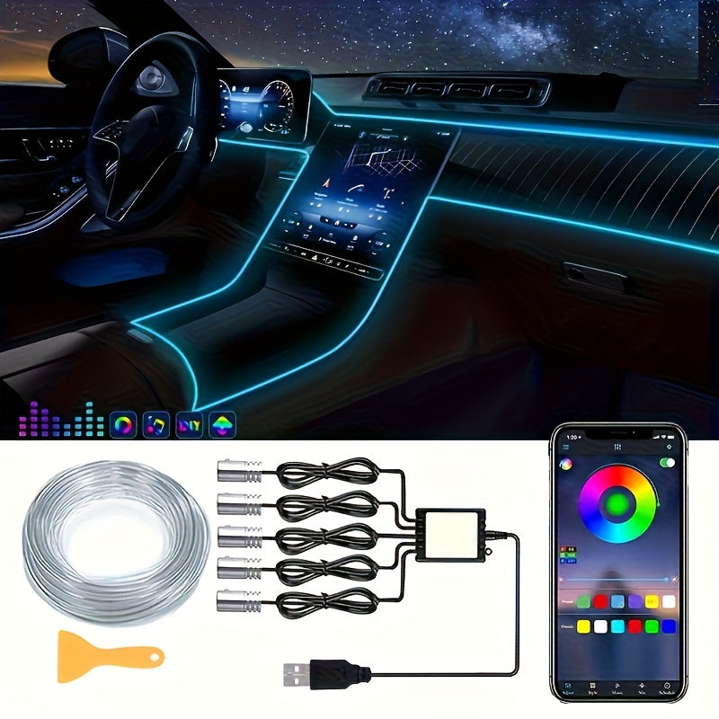 5-in-1 RGB Car LED Light Strip Set 🌈🚗 – USB Ambient Lighting with Music Sync