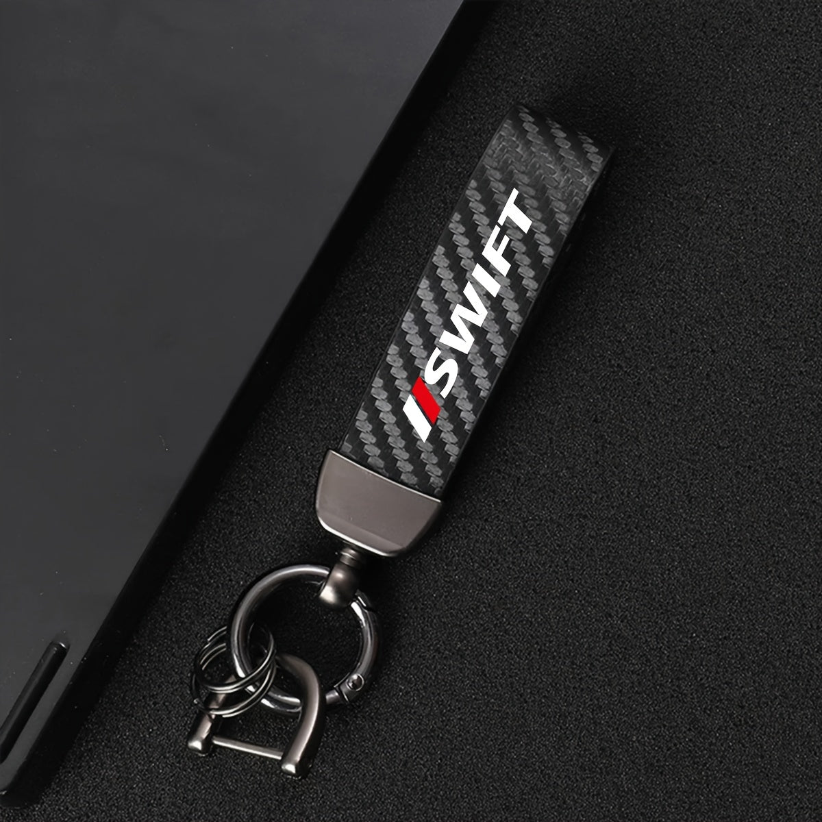 Suzuki Swift Car Keychain 🔑🚗 – Black & Red Carbon Fiber Design with Zinc Alloy Ring