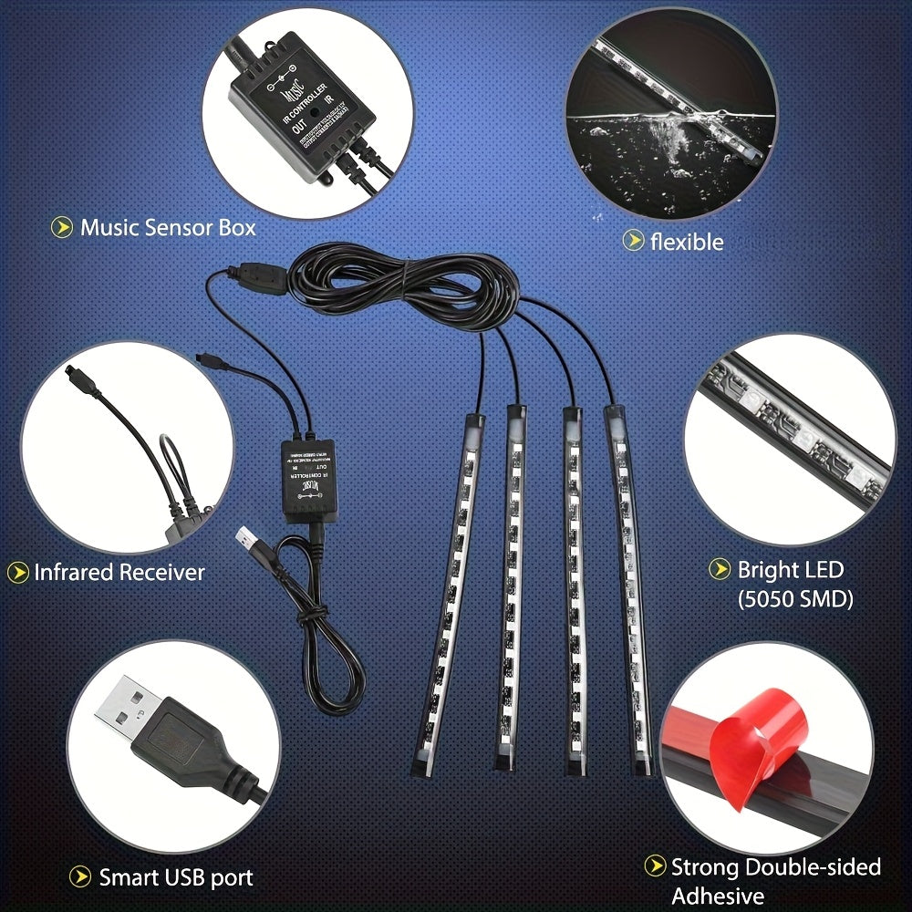 RGB Car Interior LED Light Strips 🌈🚗 – USB Neon Ambient Lights with App & Wireless Music Remote